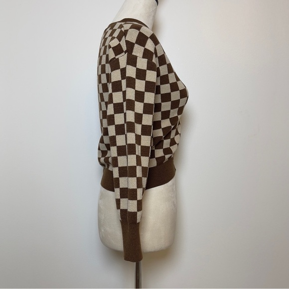 Vintage-Inspired Brown & Cream Checkerboard Cropped Cardigan Women XS - Picture 3 of 7